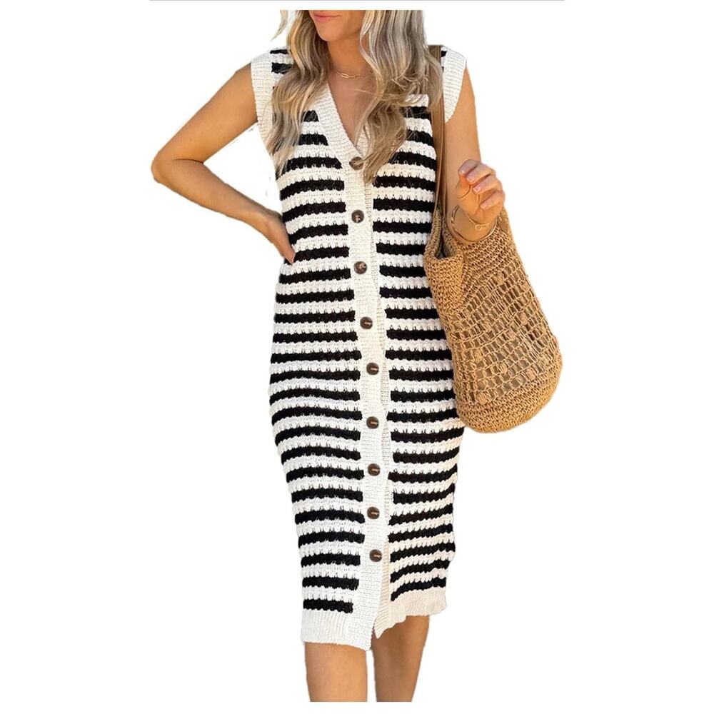 BLENCOT Women's V Neck Striped Summer Tank Dress Causal Sleeveless Button Cardi